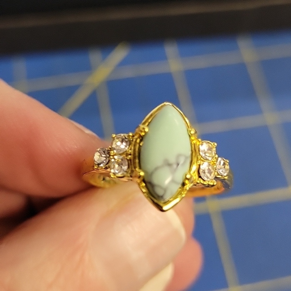 Turquoise Faux Rhinestone Gold Tone Ring Size 8.5